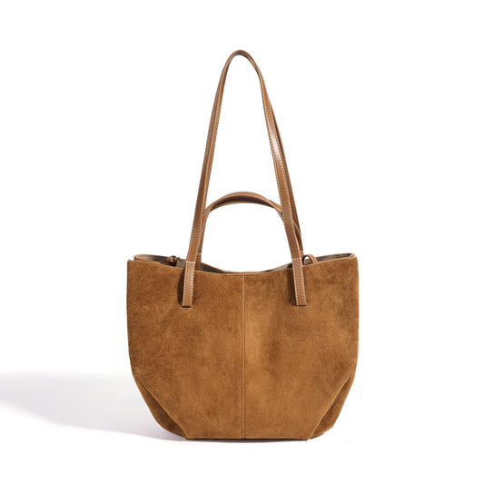 Vintage Suede Genuine Leather Tote Clutch Bag with Coin Pouch