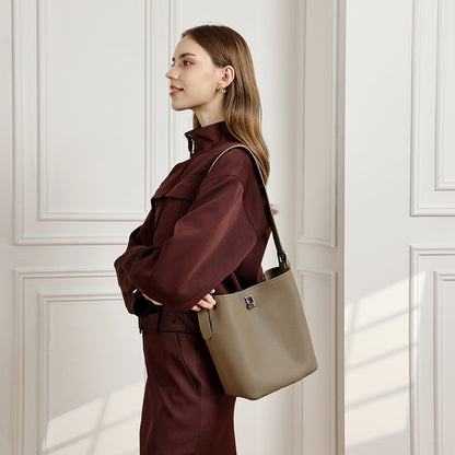Sculpted Genuine Leather Medium Bucket Bag with Clean Linear Topstitching