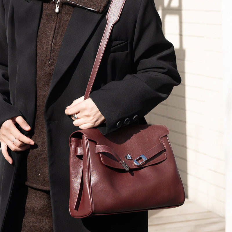 Vintage Lock-Accent Satchel Crossbody Genuine Leather Bag