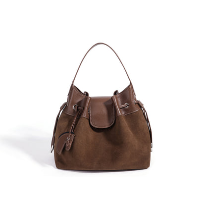 Chic Suede Leather Drawstring Bucket Bag with Horse Charm