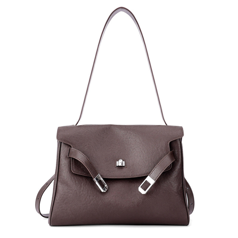 Vintage Lock-Accent Satchel Crossbody Genuine Leather Bag
