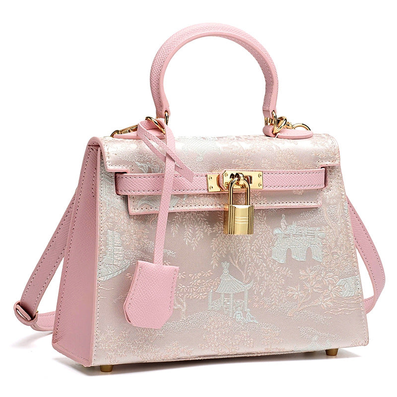 Elegant Oriental Brocade Genuine Leather Kelly Clutch Bag with Charm