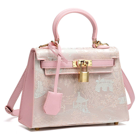Elegant Oriental Brocade Genuine Leather Kelly Clutch Bag with Charm