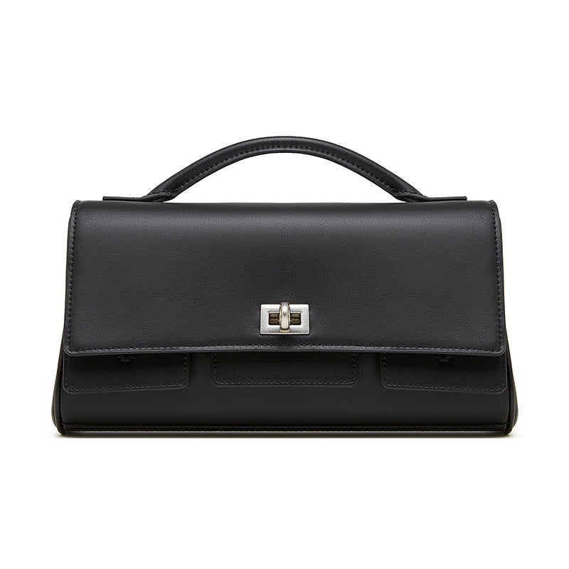 The Linear Turn-Lock Genuine Leather Bag | Minimalist East-West Handbag