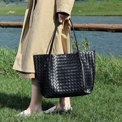Minimalist Woven Genuine Leather Spacious Tote Clutch Bag