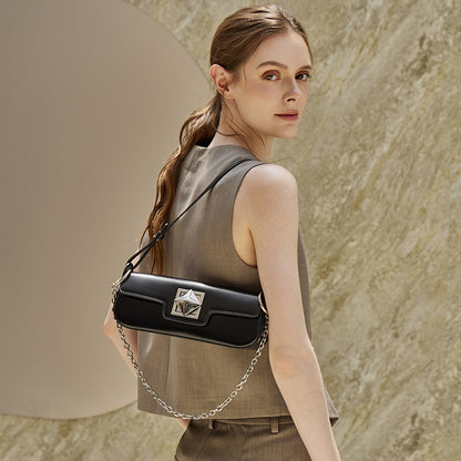Minimalist Smooth Genuine Leather Silver Buckle Baguette Bag