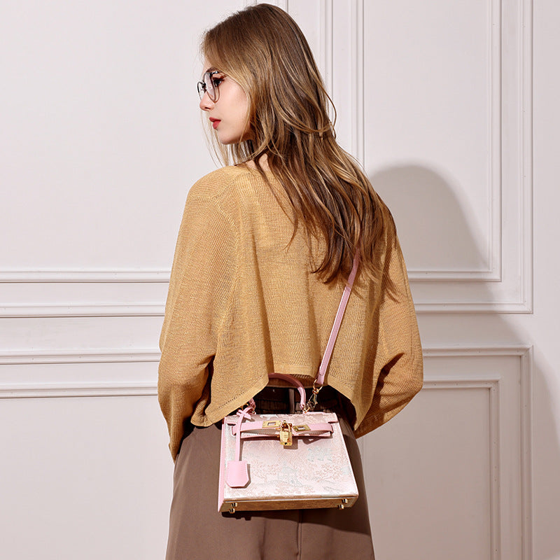 Elegant Oriental Brocade Genuine Leather Kelly Clutch Bag with Charm