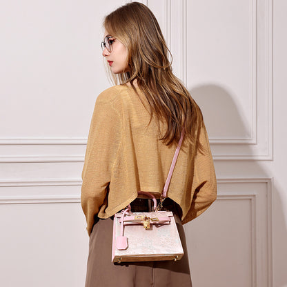 Elegant Oriental Brocade Genuine Leather Kelly Clutch Bag with Charm