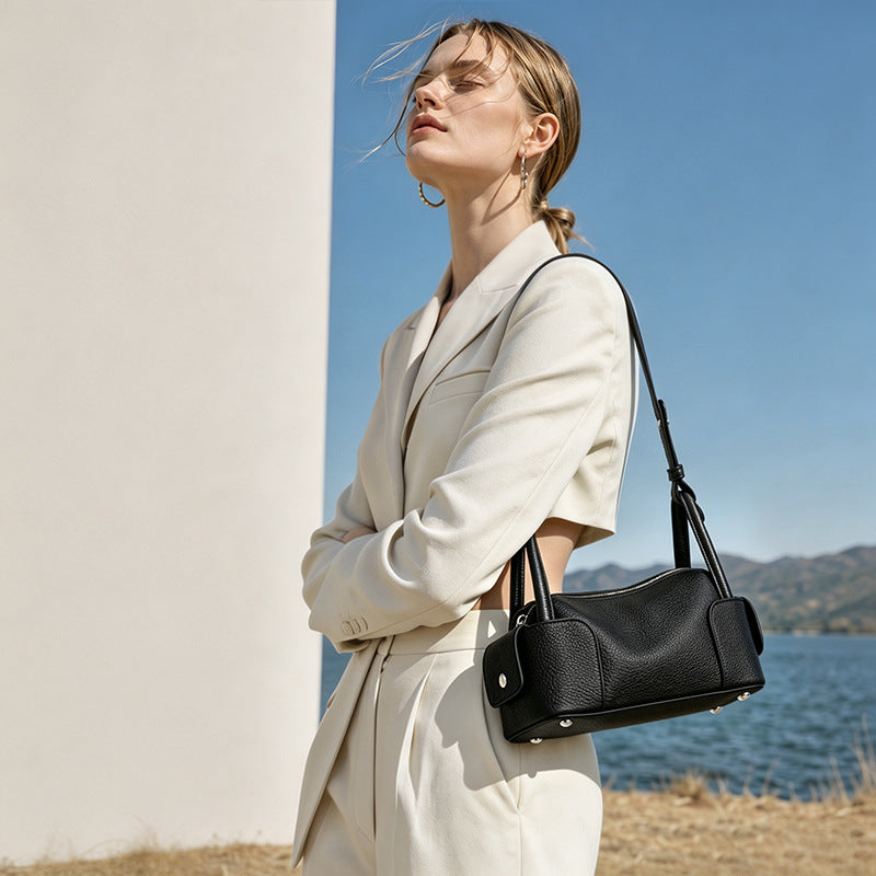 Architectural Pebbled Genuine Leather Boston Clutch Bag