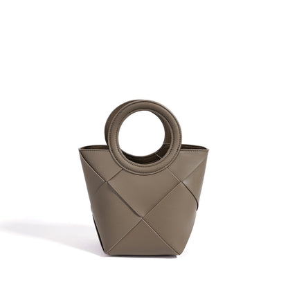 Refined Geometric Woven Genuine Leather Mini Bucket Clutch Bag