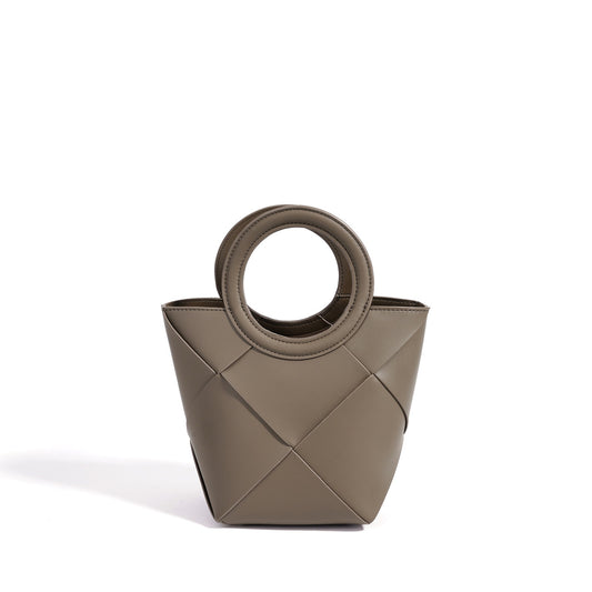 Refined Geometric Woven Genuine Leather Mini Bucket Clutch Bag