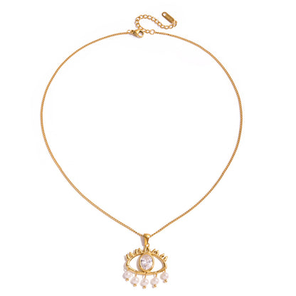 Vintage Halskette mit weißem Zirkon und Perlen, verziert mit dem bösen Blick 