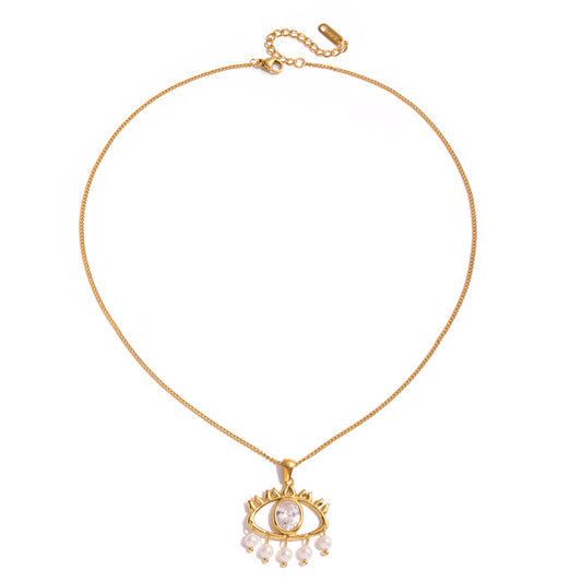 Vintage White Zircon Evil Eye Necklace with Pearls