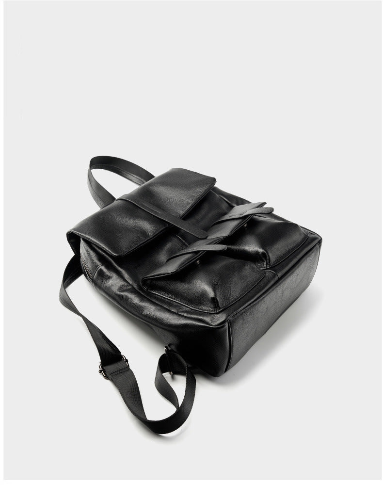 Minimalist Large Capacity Pebbled Genuine Leather Flap Backpack