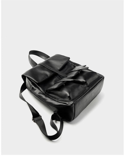 Minimalist Large Capacity Pebbled Genuine Leather Flap Backpack