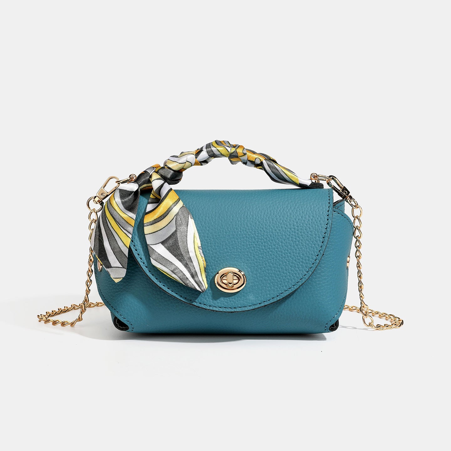 Elegant Retro Genuine Leather Chain Crossbody Shoulder Silk Scarf Handbag