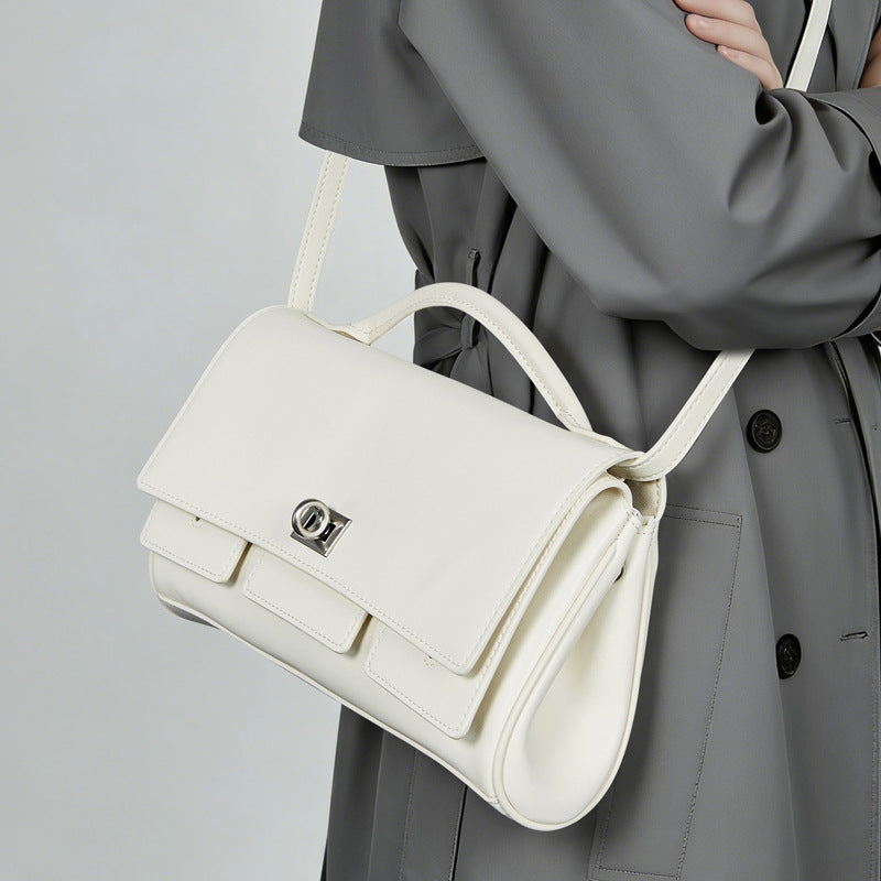 The Linear Turn-Lock Genuine Leather Bag | Minimalist East-West Handbag