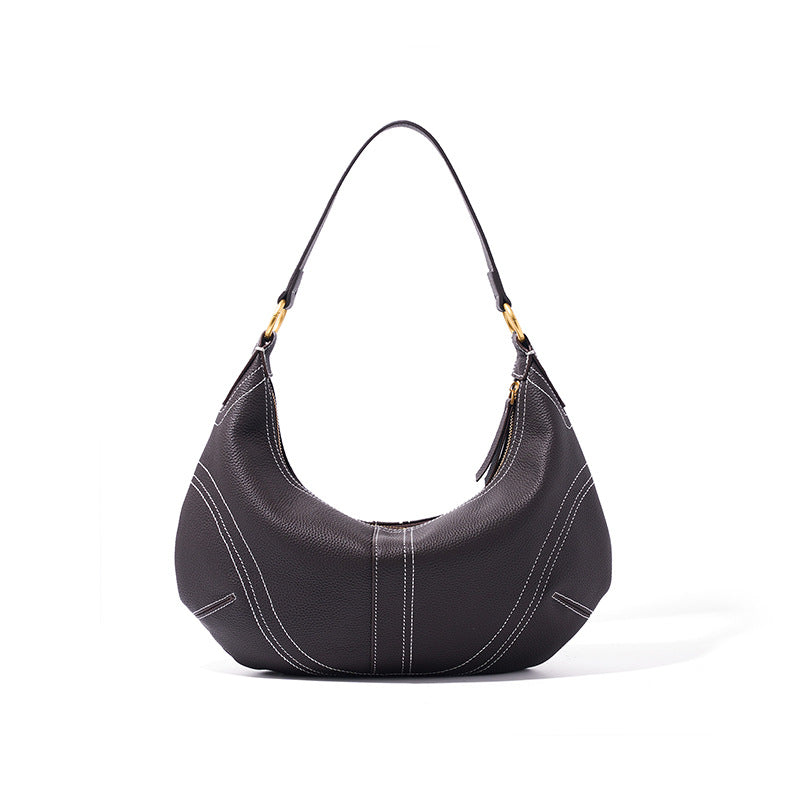 The Pebbled Genuine Leather Hobo Shoulder Bag with Contrast Stitching