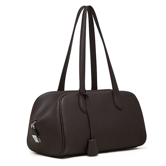The Modern East-West Genuine Leather Bag | Minimalist Pebbled Bowling Tote