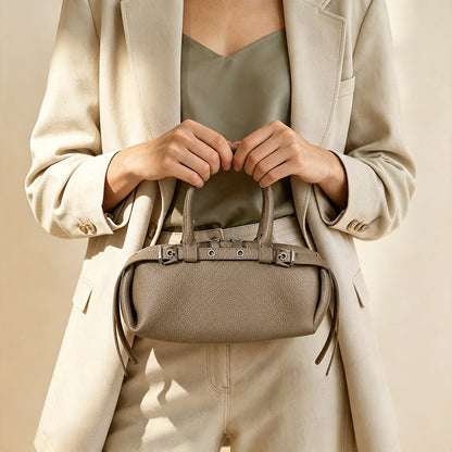 Refined Genuine Leather Petite Boston Clutch Bag with Mini Pouch