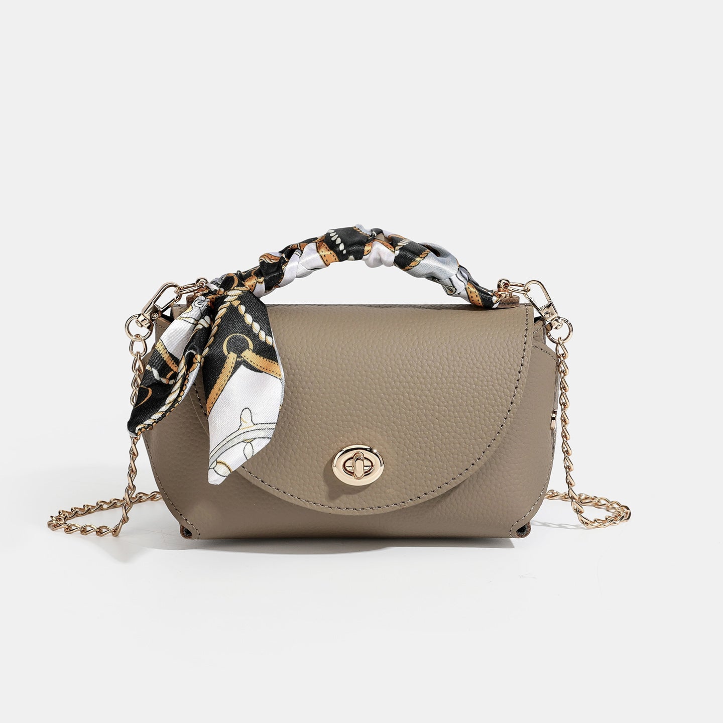 Elegant Retro Genuine Leather Chain Crossbody Shoulder Silk Scarf Handbag