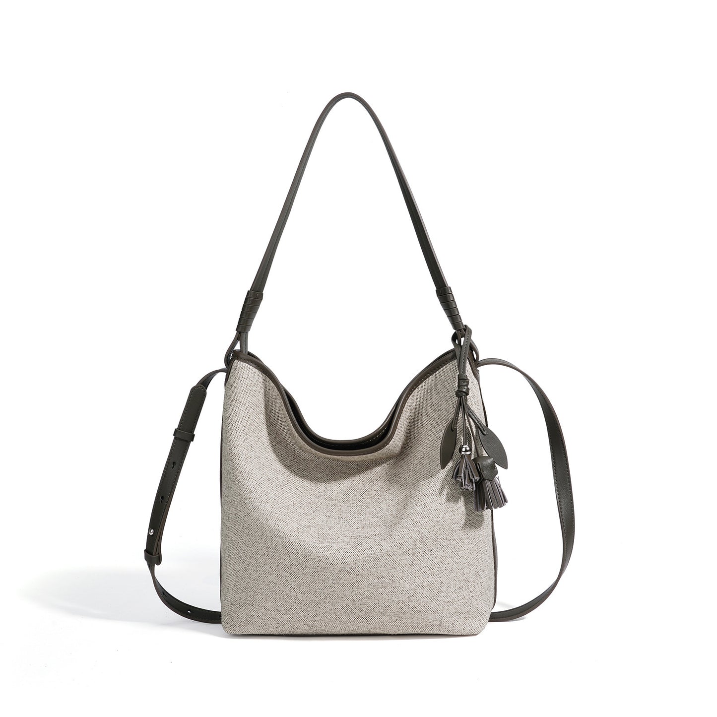 Slouchy Canvas Bucket Clutch Bag with Tassel Charm