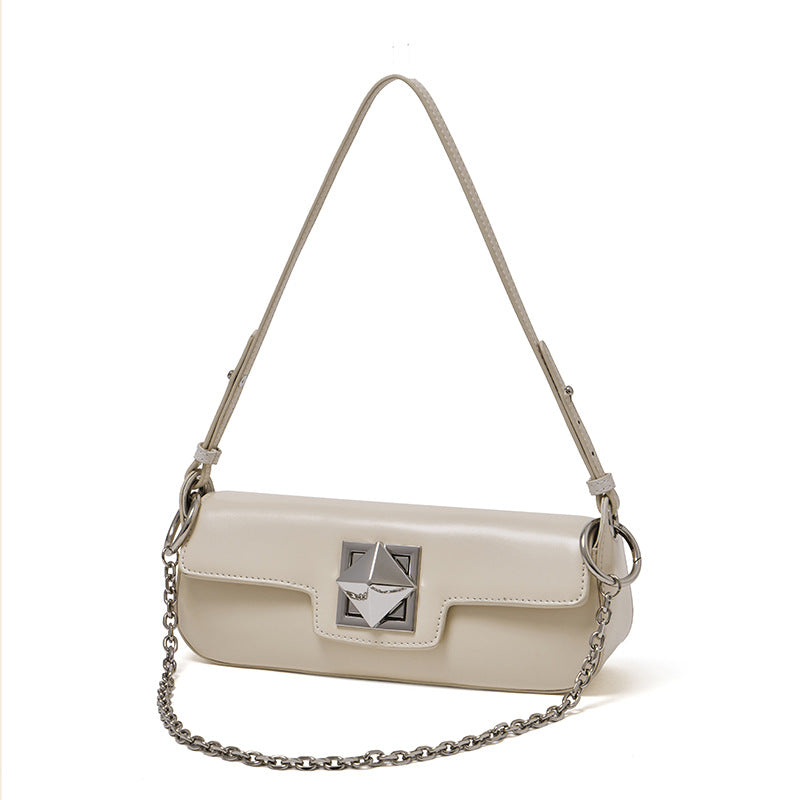 Minimalist Smooth Genuine Leather Silver Buckle Baguette Bag