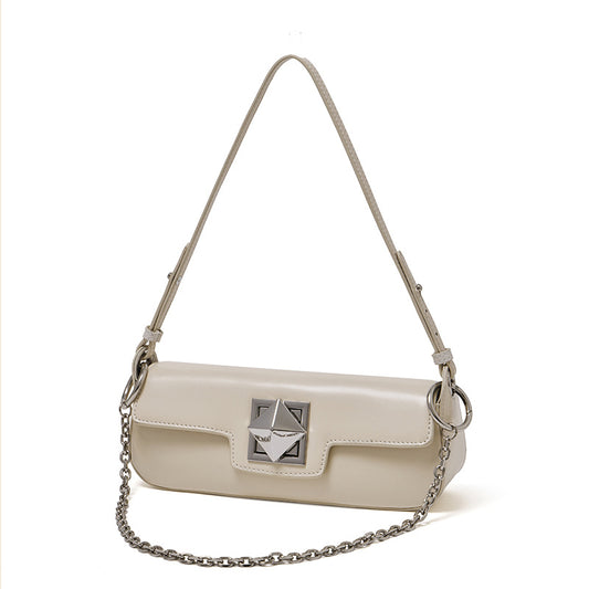 Minimalist Smooth Genuine Leather Silver Buckle Baguette Bag