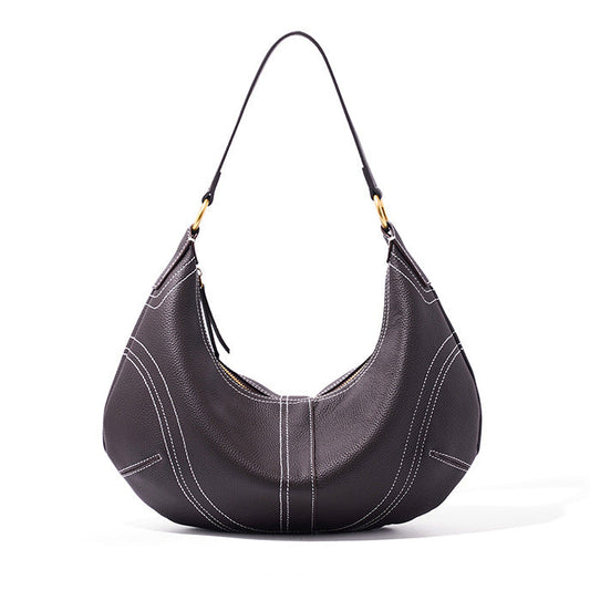 The Pebbled Genuine Leather Hobo Shoulder Bag with Contrast Stitching