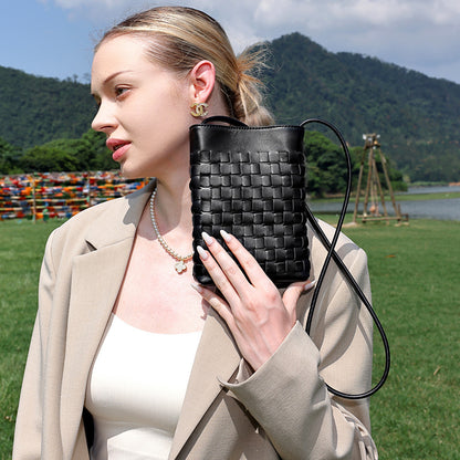 Mellow Sheepskin Leather Mini Woven Phone Clutch Bag
