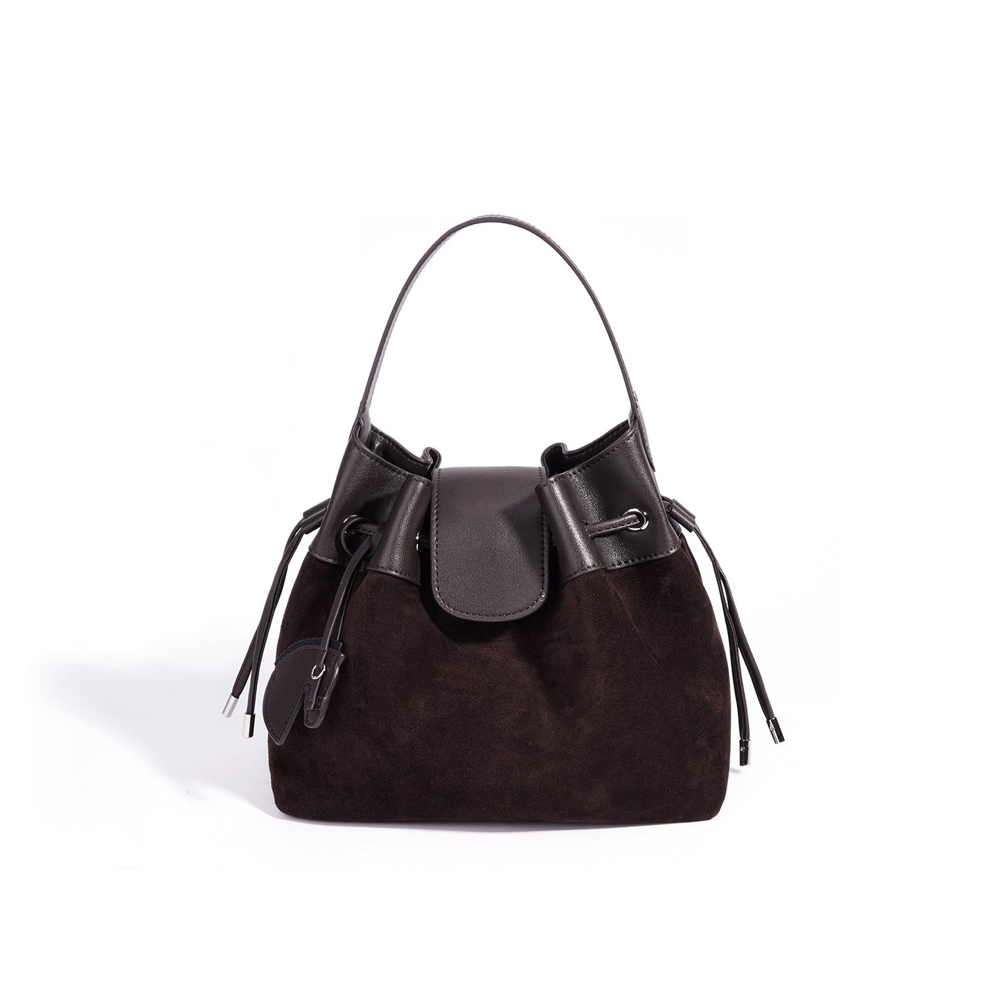 Chic Suede Leather Drawstring Bucket Bag with Horse Charm