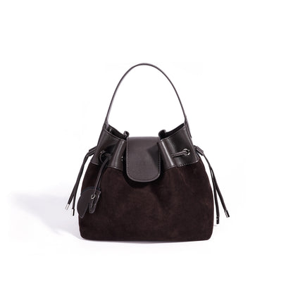 Chic Suede Leather Drawstring Bucket Bag with Horse Charm
