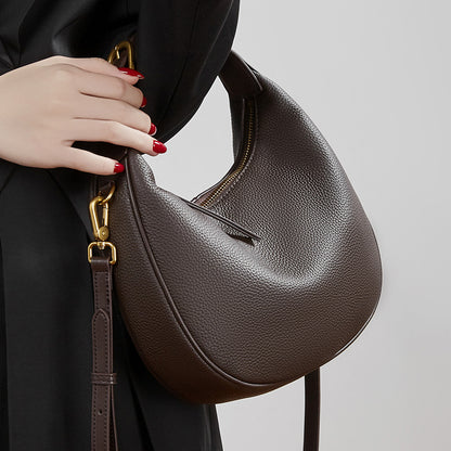 Modern Half-Moon Genuine Leather Bag - Versatile 2-Way Carry Pebbled Hobo