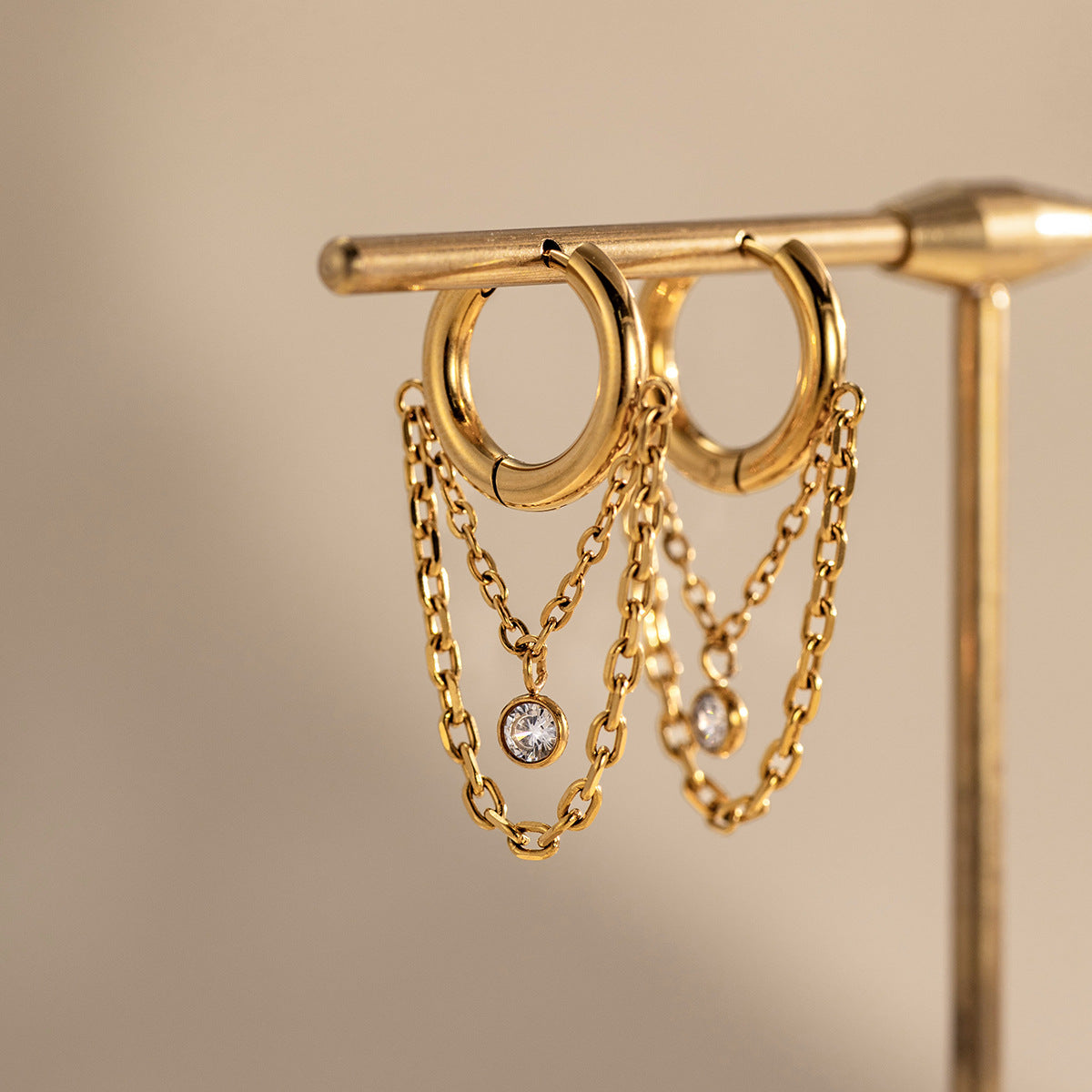 Elegant Radiant Bezel Solitaire Layered Link Earrings
