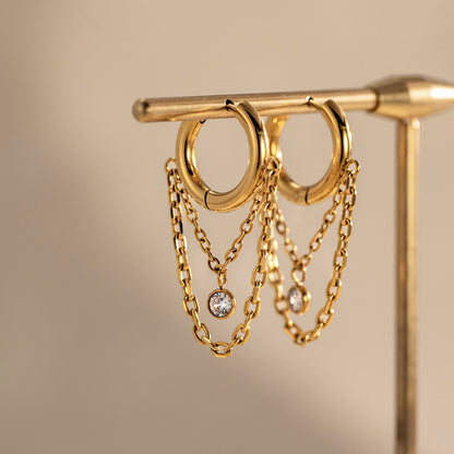 Elegant Radiant Bezel Solitaire Layered Link Earrings