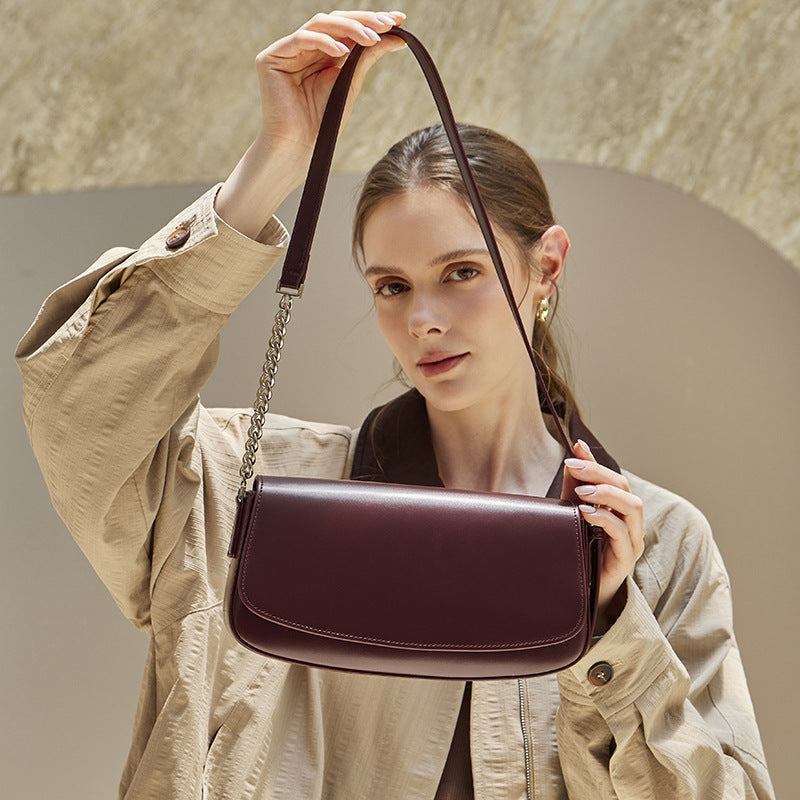 Minimalist Vintage Genuine Leather Baguette Saddle Bag