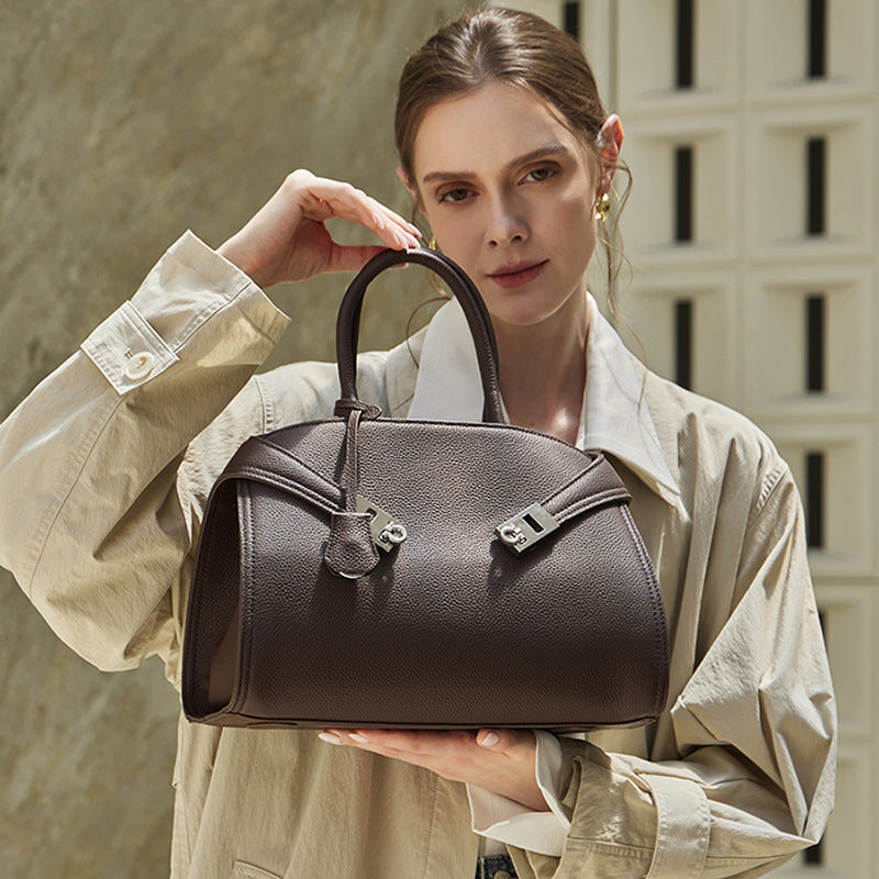 Luxury Retro Genuine Leather Lychee Pattern Double Buckle Tote Crossbody Bag