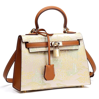 Elegant Oriental Brocade Genuine Leather Kelly Clutch Bag with Charm