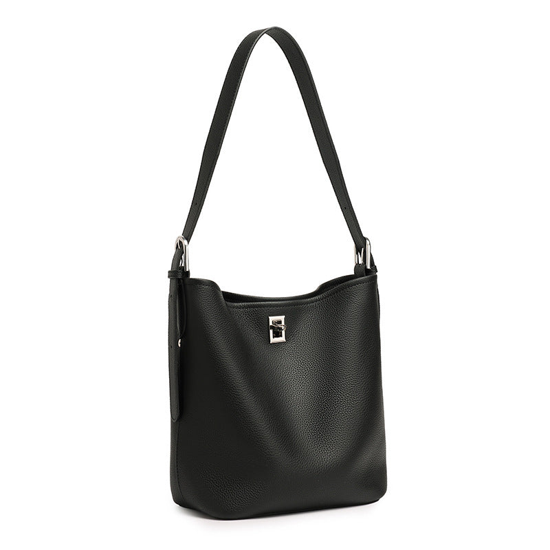 Sculpted Genuine Leather Medium Bucket Bag with Clean Linear Topstitching