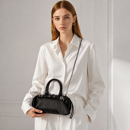 Refined Genuine Leather Petite Boston Clutch Bag with Mini Pouch