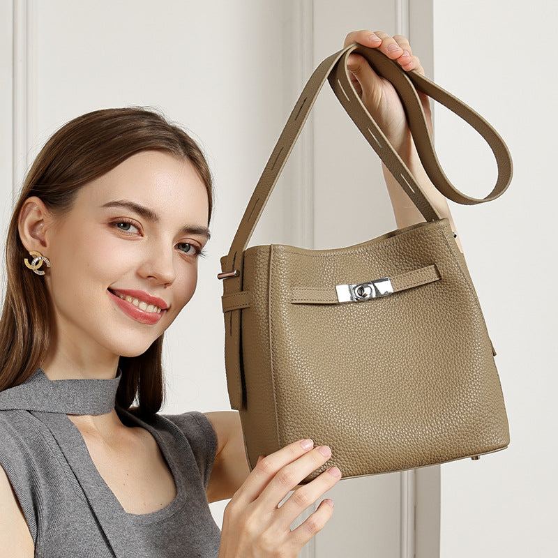 Timeless Genuine Leather Bucket Bag with Polished Double-D Luxury Hardware