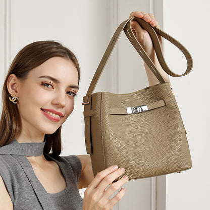 Timeless Genuine Leather Bucket Bag with Polished Double-D Luxury Hardware