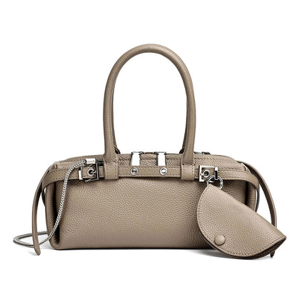 Refined Genuine Leather Petite Boston Clutch Bag with Mini Pouch