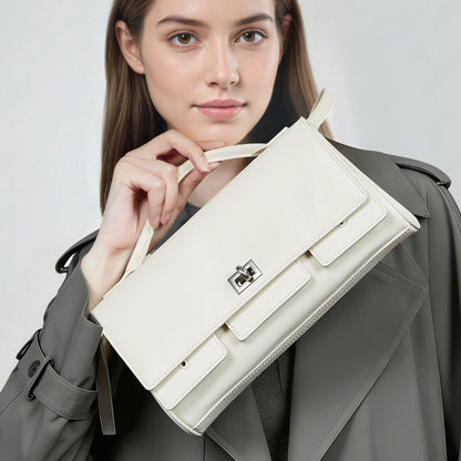 The Linear Turn-Lock Genuine Leather Bag | Minimalist East-West Handbag
