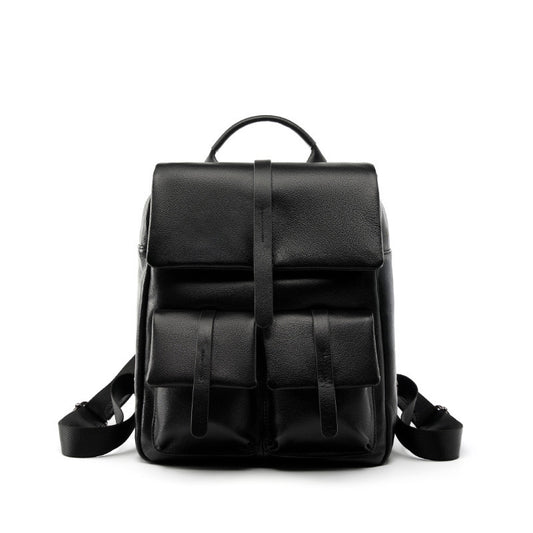Minimalist Large Capacity Pebbled Genuine Leather Flap Backpack
