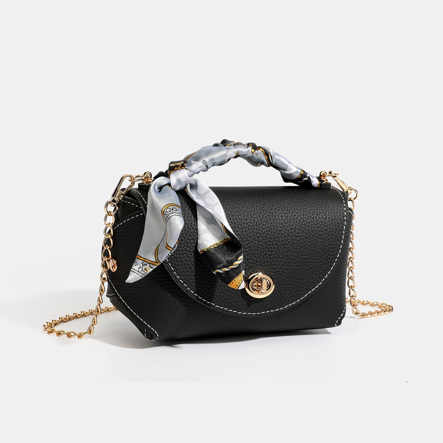 Elegant Retro Genuine Leather Chain Crossbody Shoulder Silk Scarf Handbag