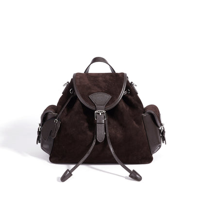 Vintage Suede Genuine Leather Flap Drawstring Backpack