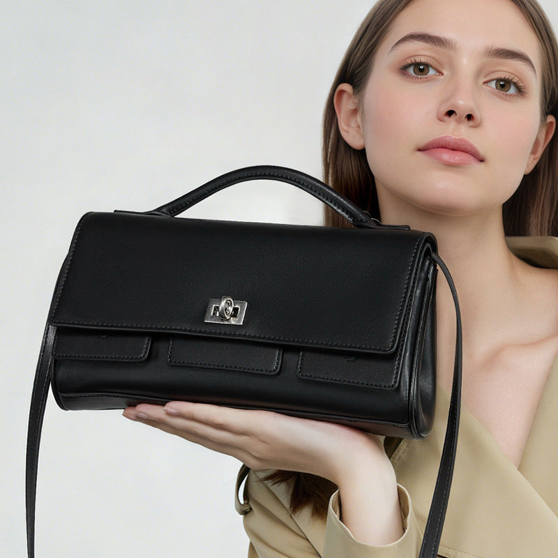The Linear Turn-Lock Genuine Leather Bag | Minimalist East-West Handbag