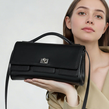 The Linear Turn-Lock Genuine Leather Bag | Minimalist East-West Handbag