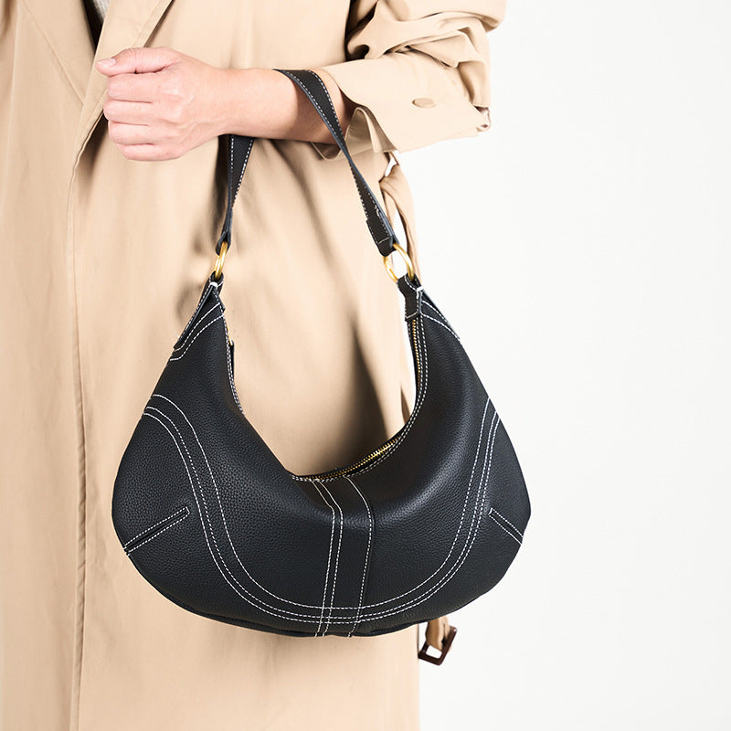 The Pebbled Genuine Leather Hobo Shoulder Bag with Contrast Stitching